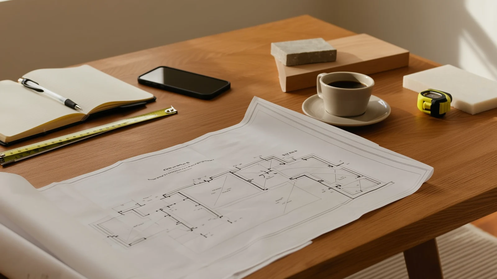 Erstberatung zur Sanierung: Grundrissplan, Notizbuch und Materialmuster auf einem Holztisch