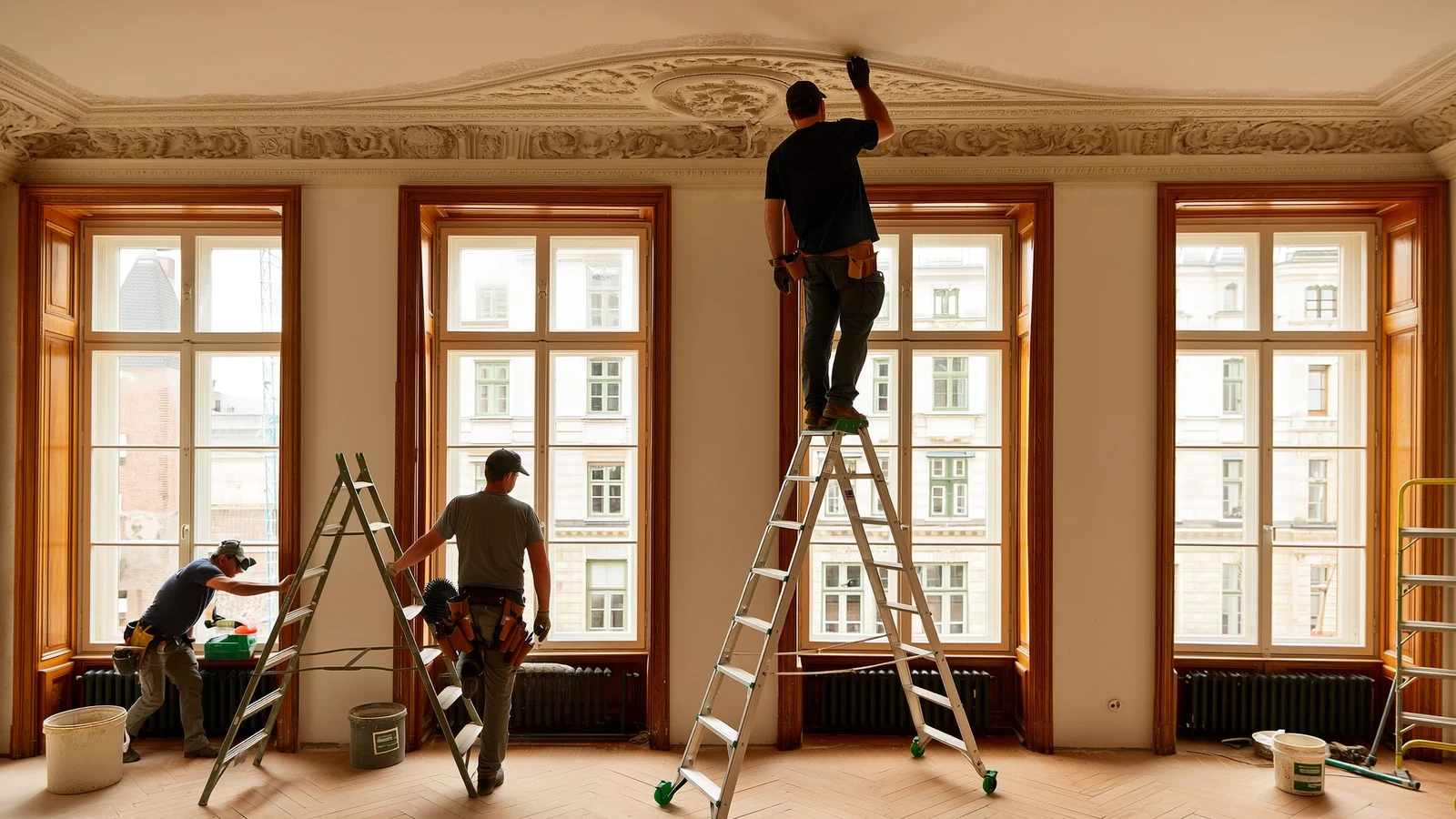 Handwerker von Atlas Projects bei der Sanierung eines Frankfurter Gründerzeit-Altbaus