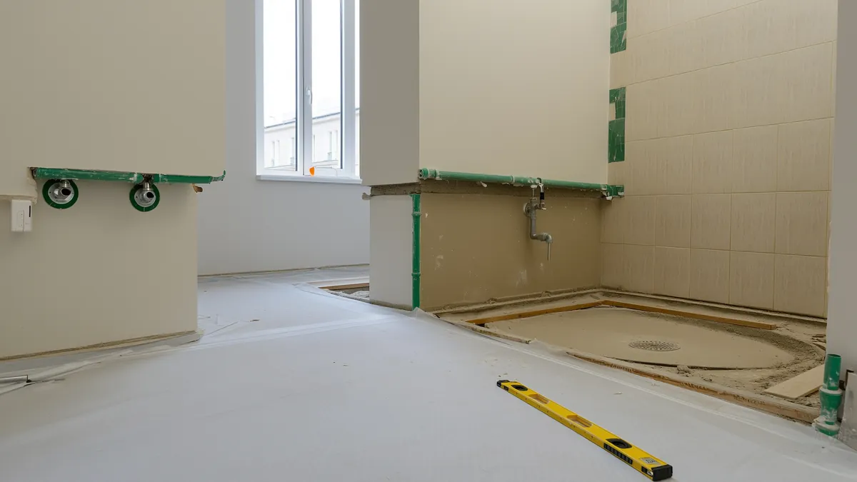 Bad im Umbau: ausgebaute Wannennische mit Bodenablauf und alten beigen Wandfliesen, offene Wasseranschlüsse an der Wand, Wasserwaage auf der Schutzfolie