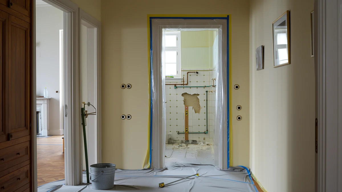 Flur einer bewohnten Altbauwohnung mit abgedecktem Boden, Staubschutzfolie in der Badtür und Blick ins Bad mit abgeschlagenen Fliesen und neuen Leitungen