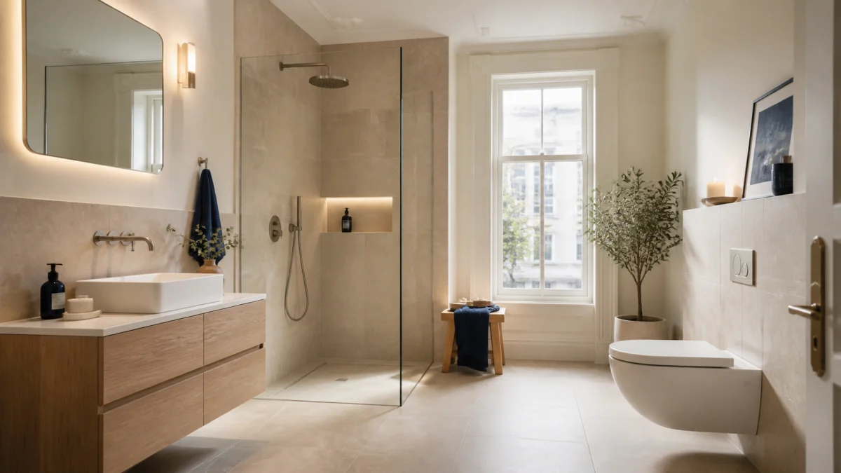 Modernisiertes Altbau-Bad mit Walk-in-Dusche und Waschtisch in Frankfurt