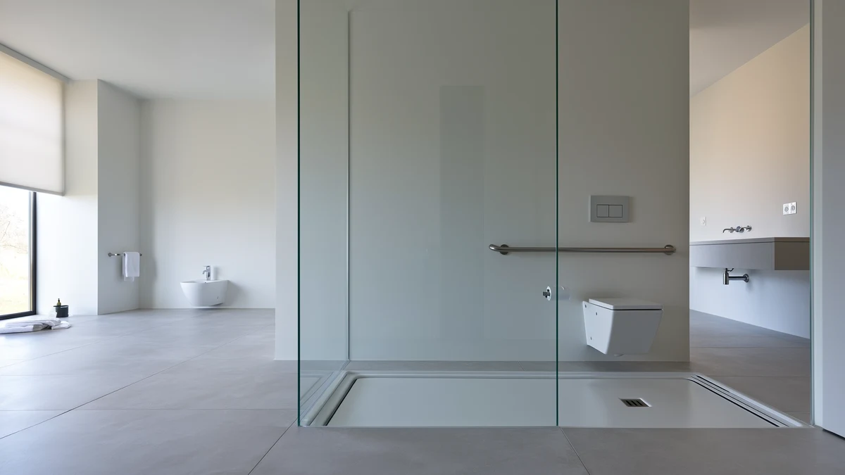 Barrierefreies Bad mit bodengleicher Dusche, Haltegriff und unterfahrbarem Waschtisch