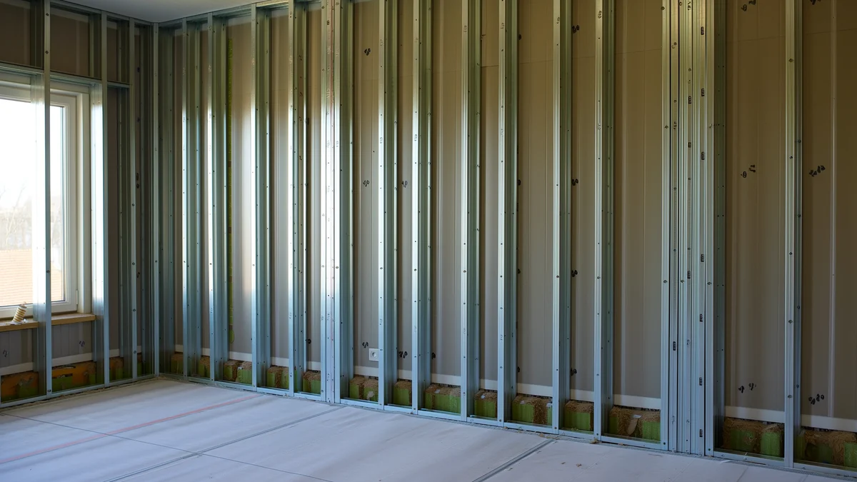 Metallständerwerk einer Trockenbauwand vor der Beplankung im Rohbau.