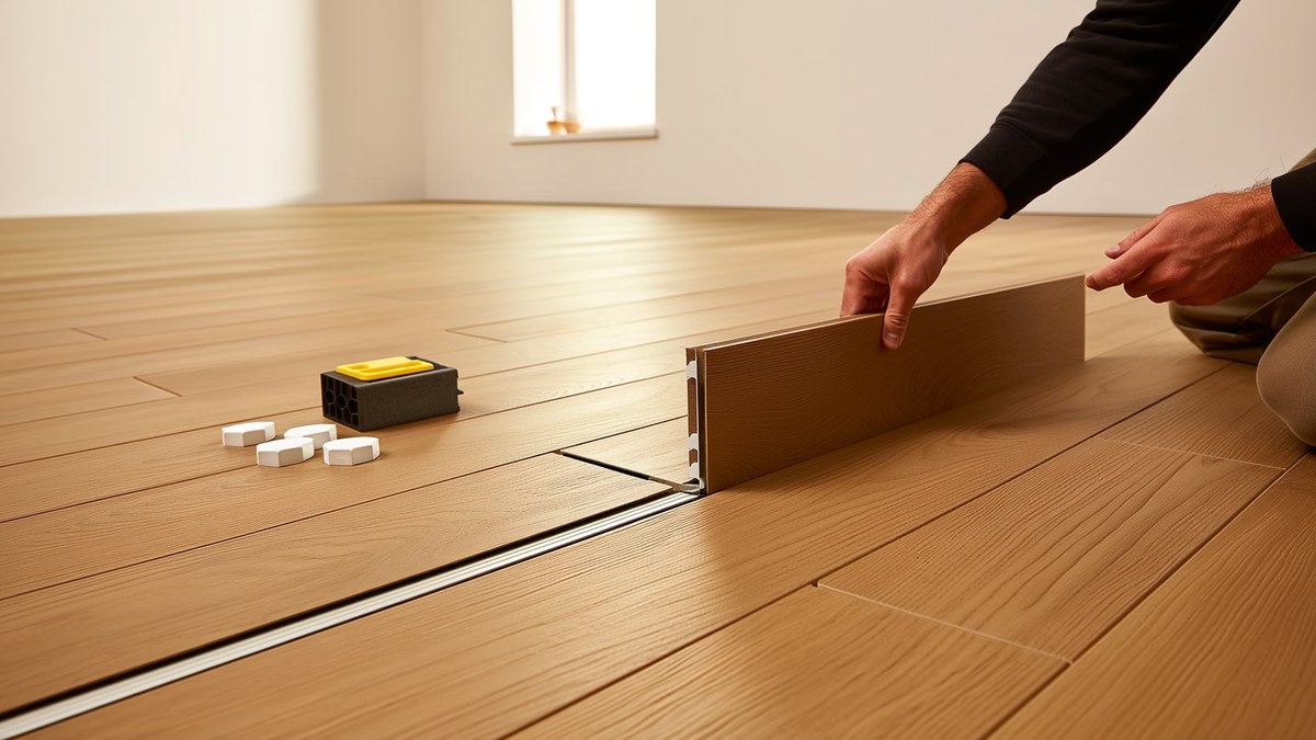 Handwerker verlegt eine Klick-Vinyl-Diele in Holzoptik in einem hellen Raum
